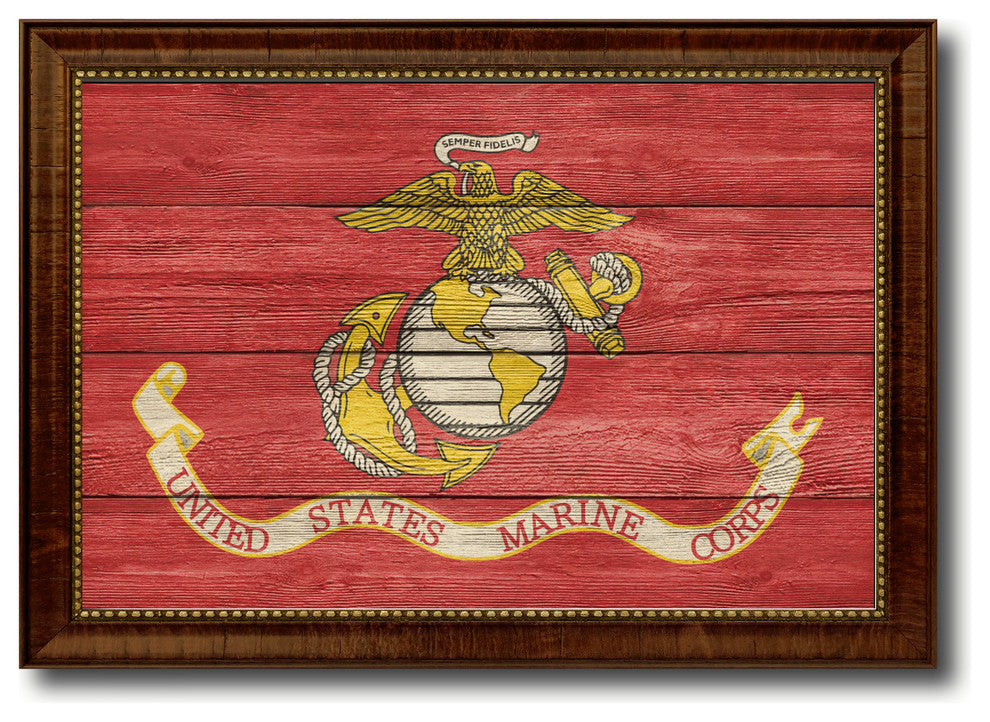 US Marine Military Textured Flag Print With Brown Gold Frame, 19"X27"