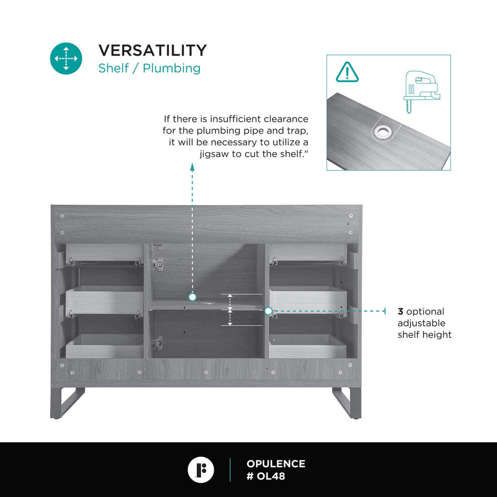 Opulence Bath Vanity, Black Matte, 48", Satin Brass Hardware, White Top