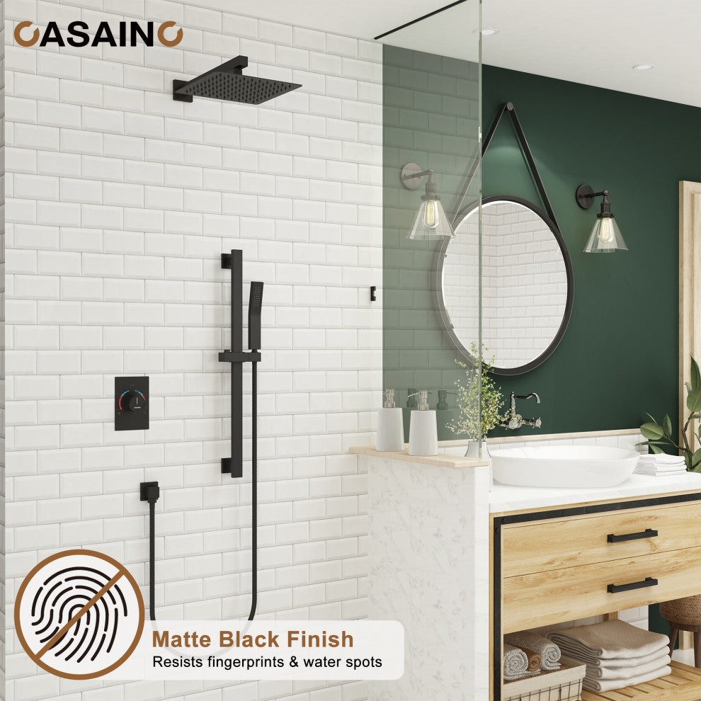 10inch Dual Function Rain Shower System With Slide Bar and Handheld Shower, Matte Black
