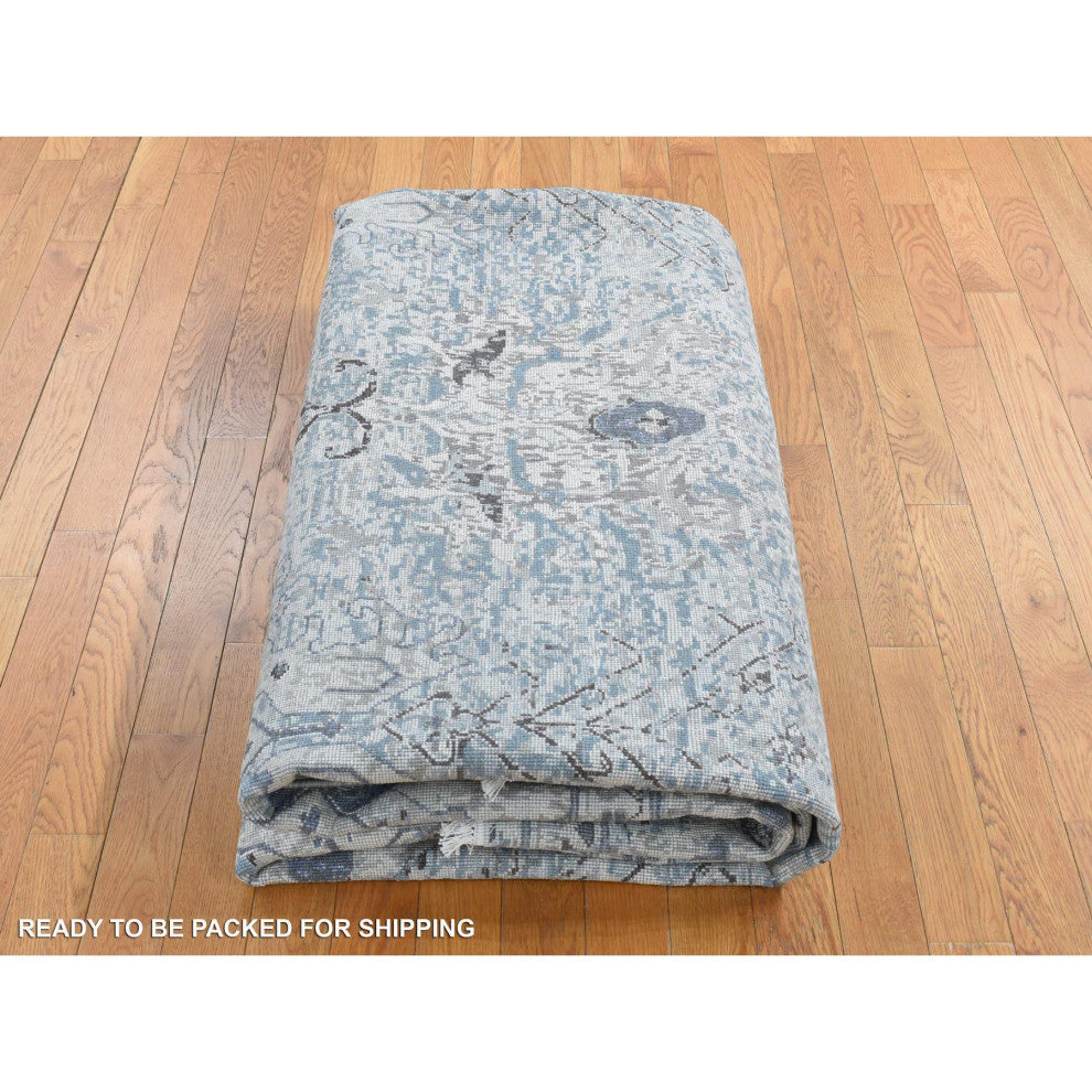 Blue, Hand Knotted, Oushak Design, Pure Silk With Wool Square Rug, 10'2"x10'2"