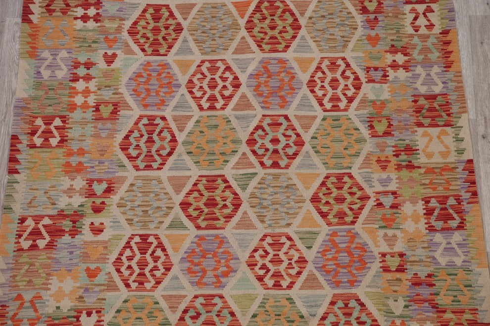 Turkish Flat-Woven Oriental Kilim Pure Wool Traditional Area Rug, 7'10"X5'9"