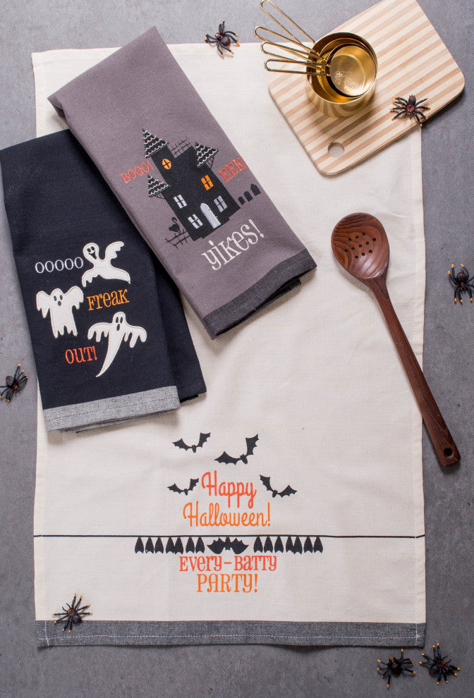 Assorted Halloween Embroidered Dishtowel, Set Of 3