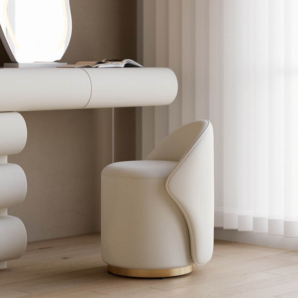 Modern Vanity Set PU Leather Dressing Table With Stool/LED Mirror, Off-White