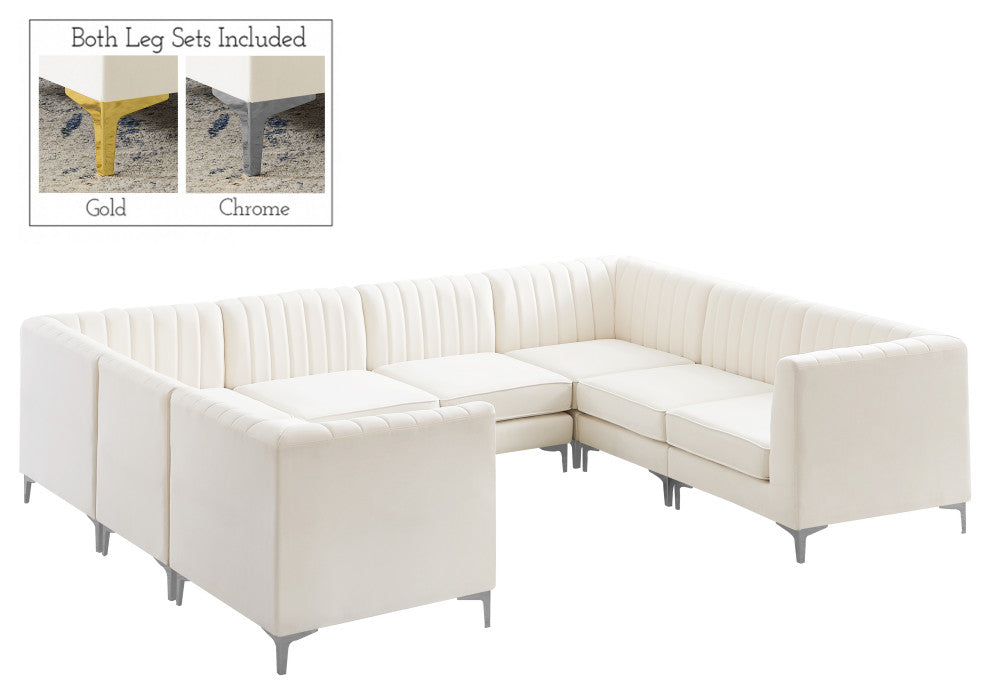 Alina Velvet Modular U-Shaped Sectional, Cream, 8-Piece: 4 Armless Chair, 4 Corner Chair