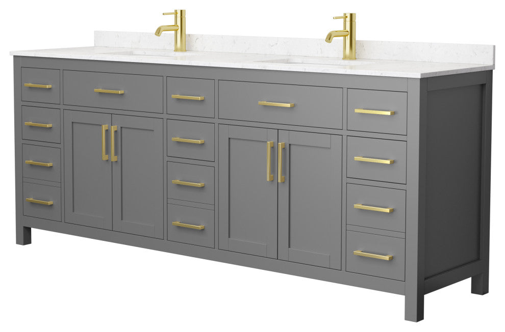84"DBL Vanity Dark Gray, Carrara Cult. Marble Countertop, Sinks, Gold Trim