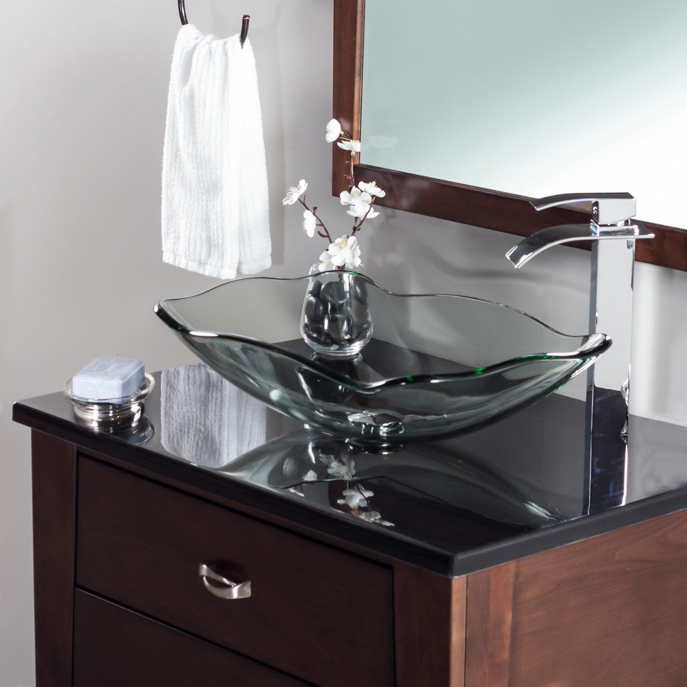 Clear Scalloped Tempered Glass Vessel Bathroom Sink Combo with Faucet and Drain, Chrome