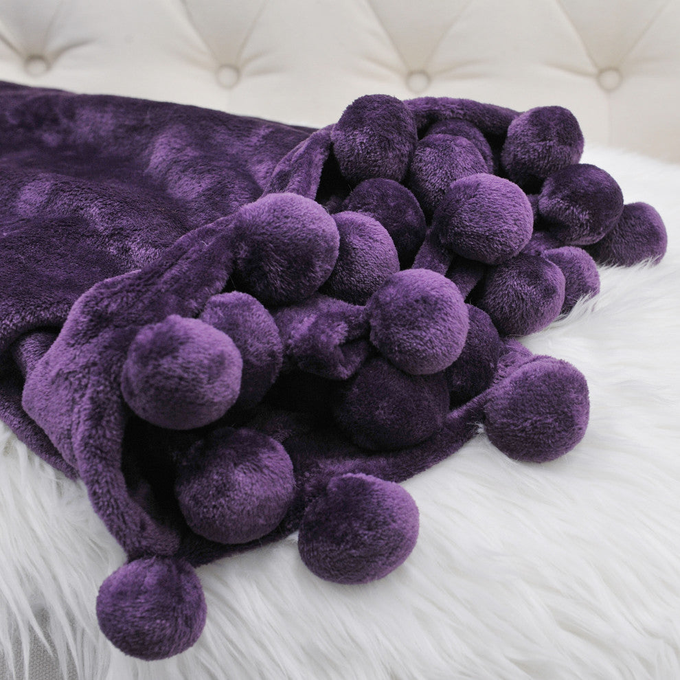 Pom Pom Flannel Fleece Throw Blanket, Blackberry Wine, 50" X 60"