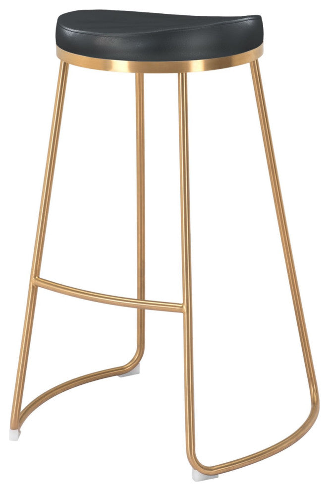 Bar Stool Chair Barstool, Set of 2, Faux Vinyl Leather, Steel, Black, Gold