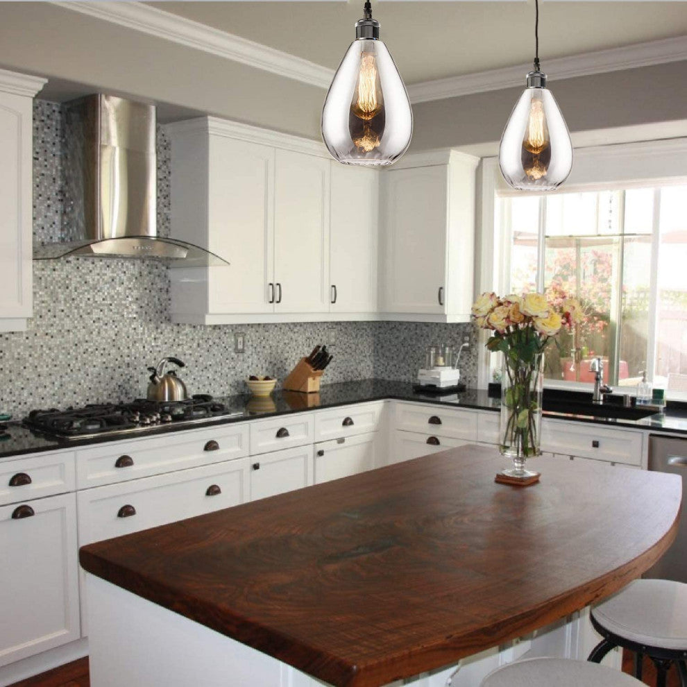 Industrial Glass Pendant Light, Modern, Teardrop, Chrome Mirror Effect