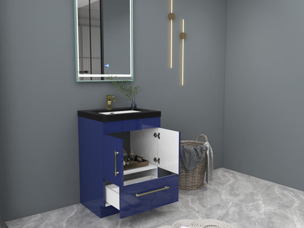 Rosa 24" Free Standing Modern Vanity, High Gloss Night Blue, Matt Black Top