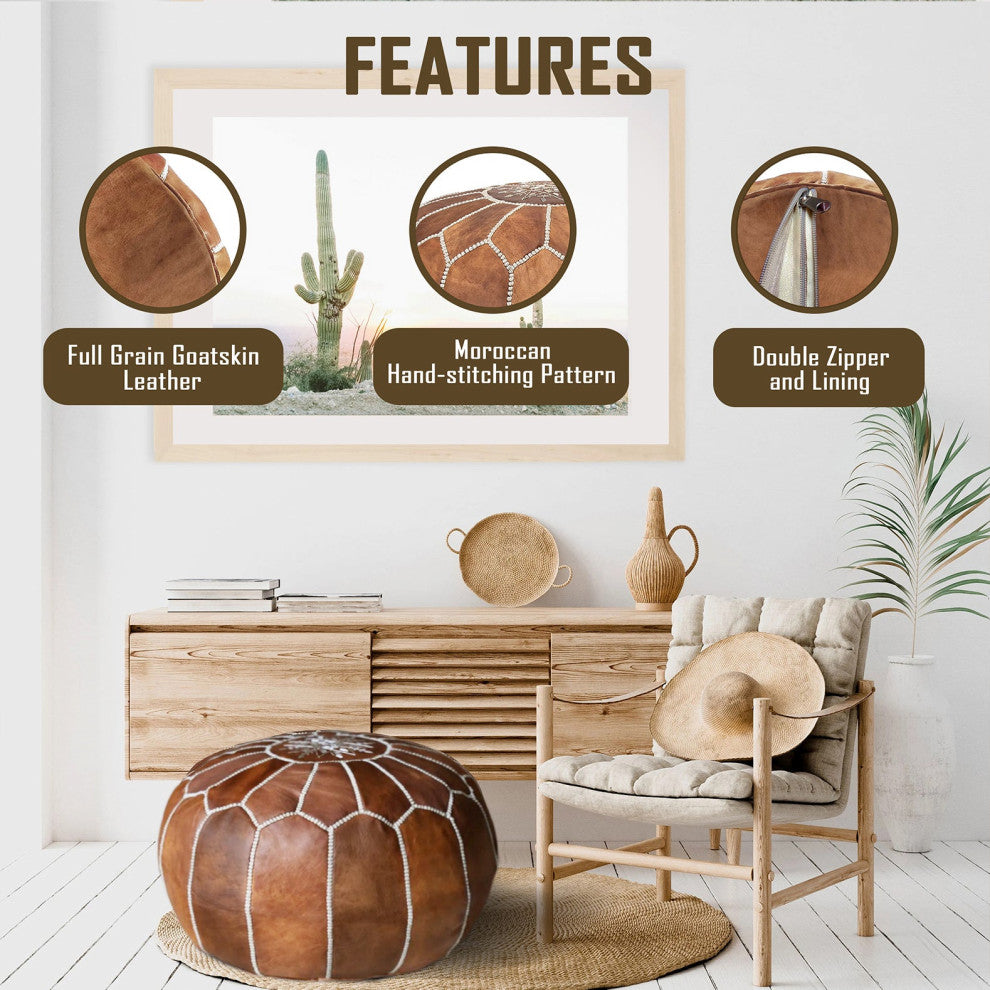 7 Colors Handmade Moroccan Ottomans, Genuine Leather Poufs, Dark Tan