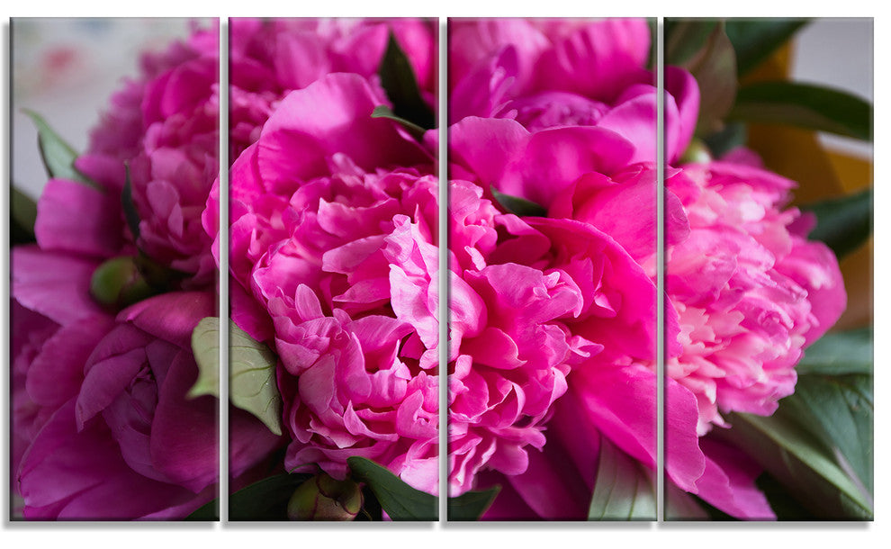 Pink Peonies on Wooden Background, Flower Artwork on Canvas, 48"x28", 4 Panels