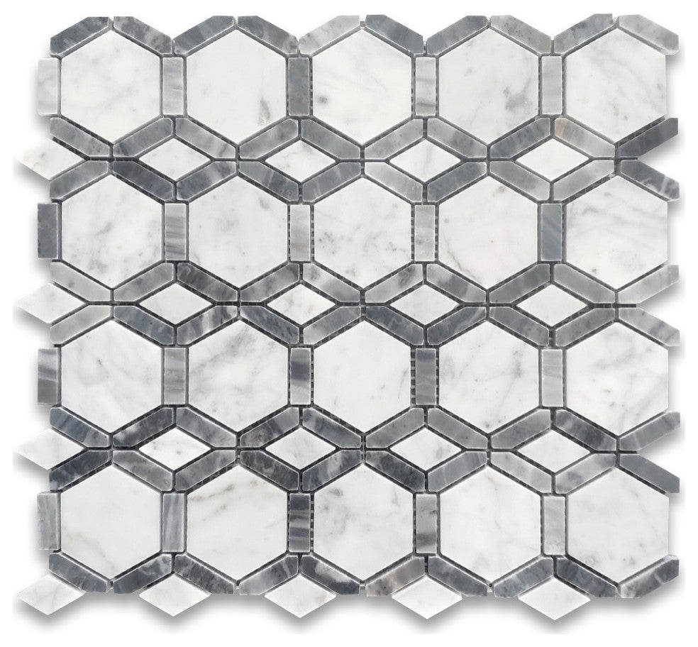 Carrara White Bardiglio Gray Marble Hollywood Hexagon Mosaic Tile, 1 sheet