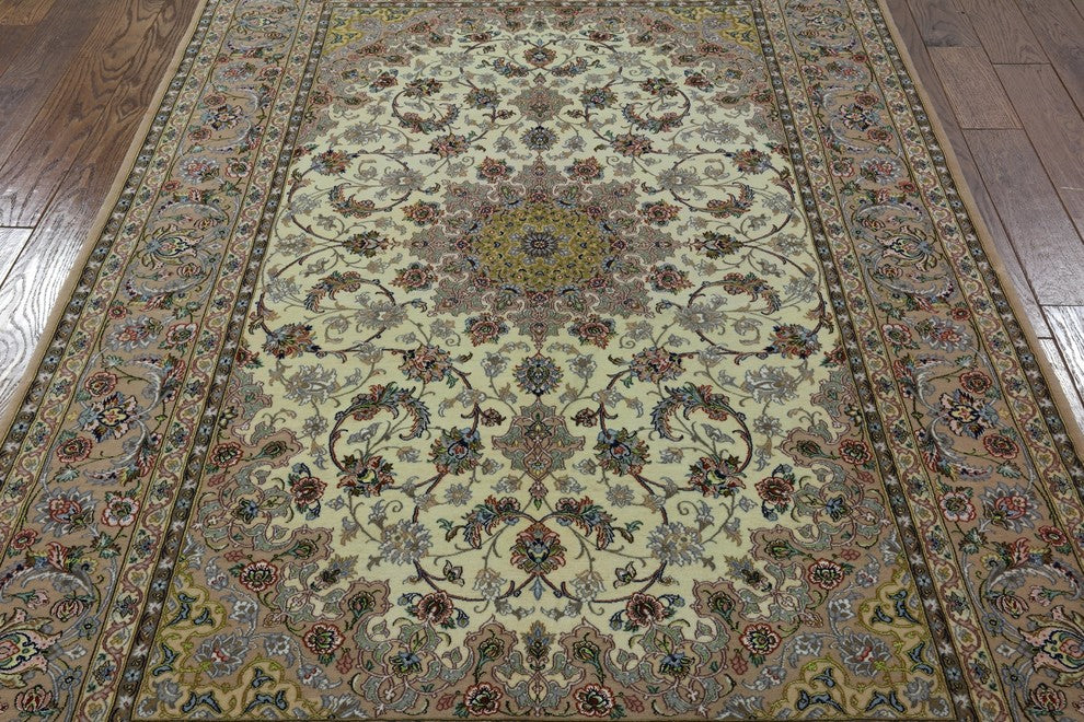 Signed Authentic Persian Isfahan Handmade Wool and Silk Rug, 5'x8'