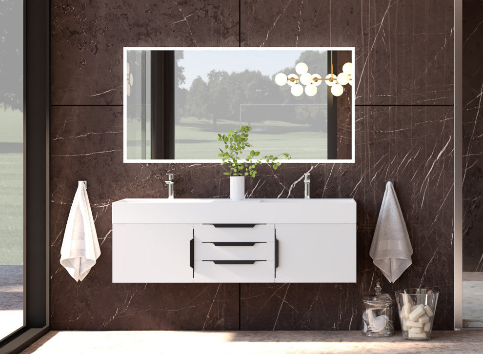 CastelloUSA Amazon 60" Wall Mounted Bathroom Vanity Set, White, White Top, Black Handles