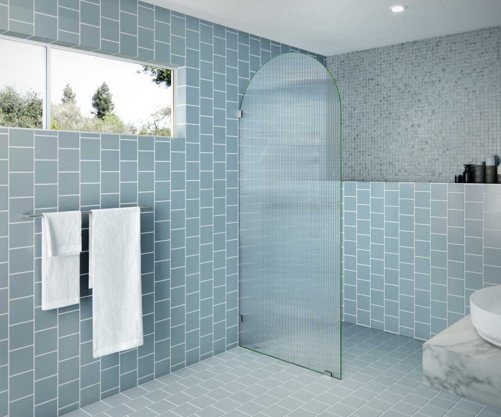 34"x86.75" Frameless Shower Door, Arched Fluted Single Fixed Panel, Brushed Nickel