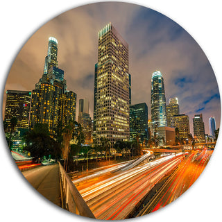 Los Angeles Yellow Skyline Night, Cityscape Disc Metal Wall Art, 36"