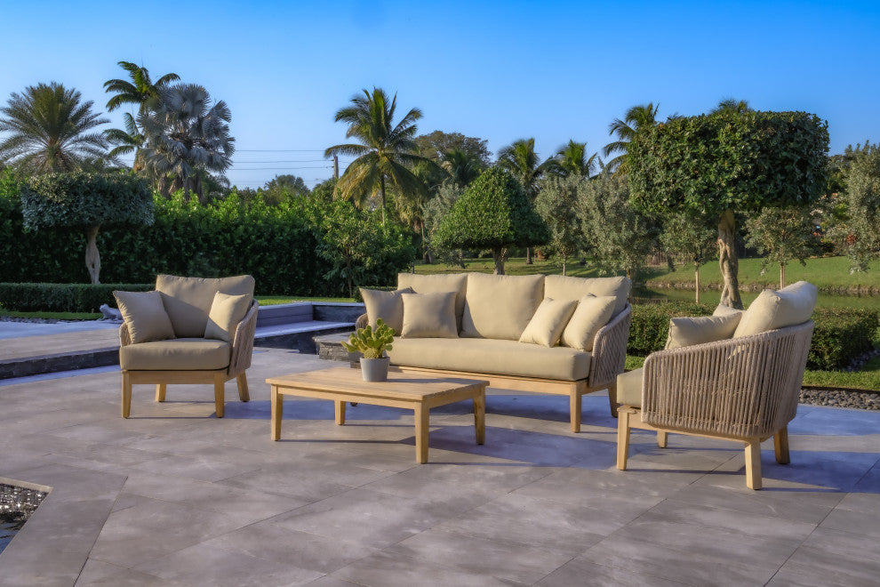Eve 4-Piece Patio and Backyard Wood, Aluminum and Rope Conversation Set, Gray