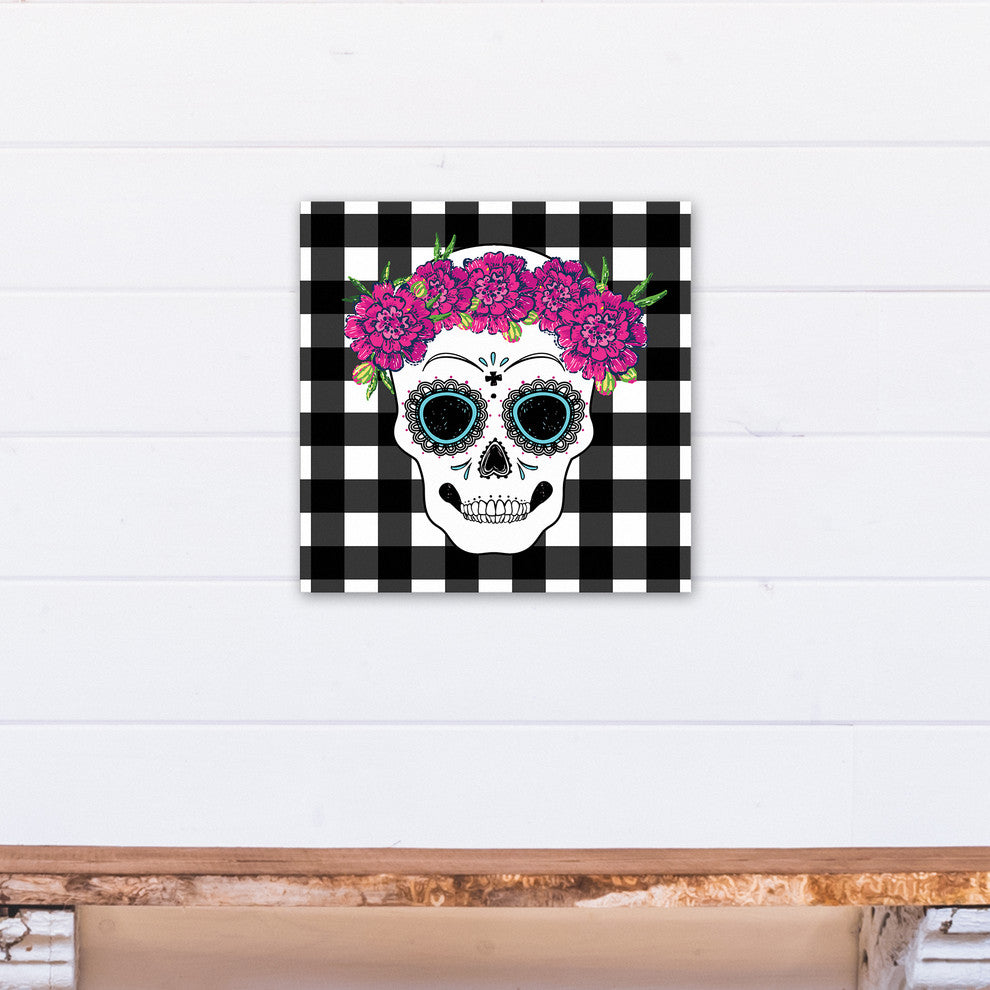 Sugar Skull Buffalo Check Print on Canvas