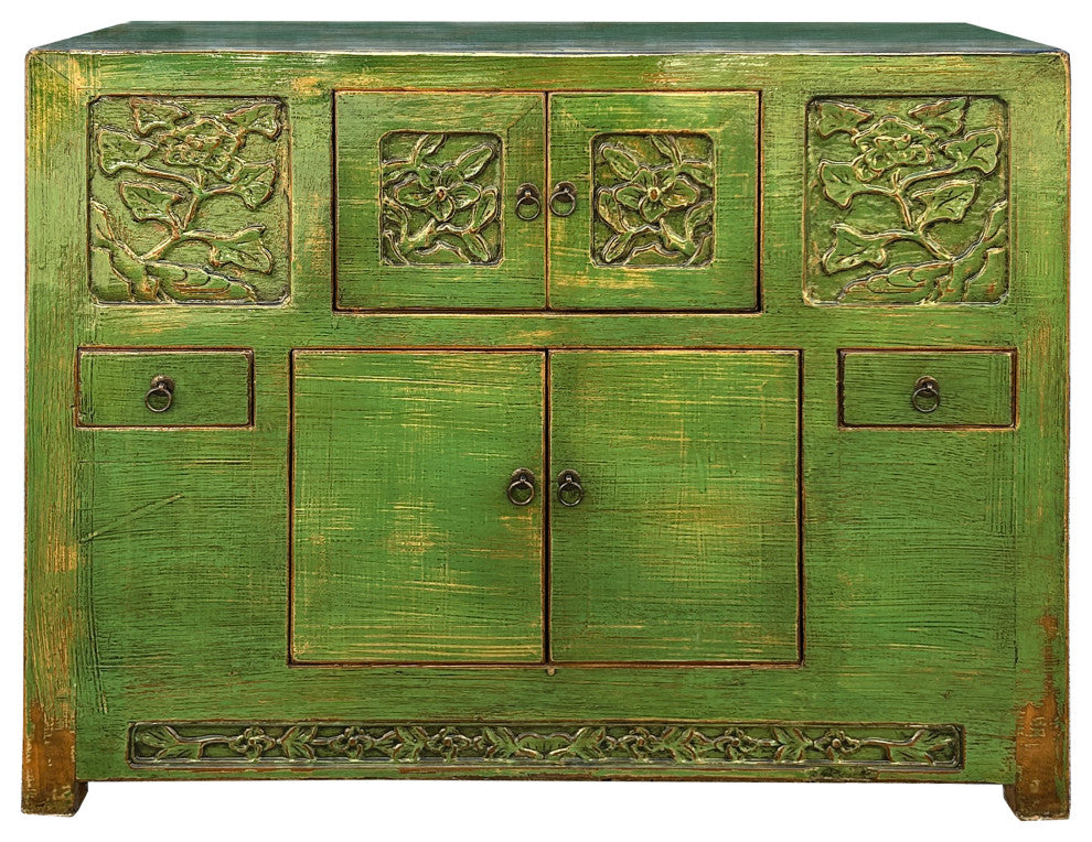 Oriental Distressed Lime Green Floral Carving Credenza Storage Cabinet