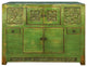 Oriental Distressed Lime Green Floral Carving Credenza Storage Cabinet