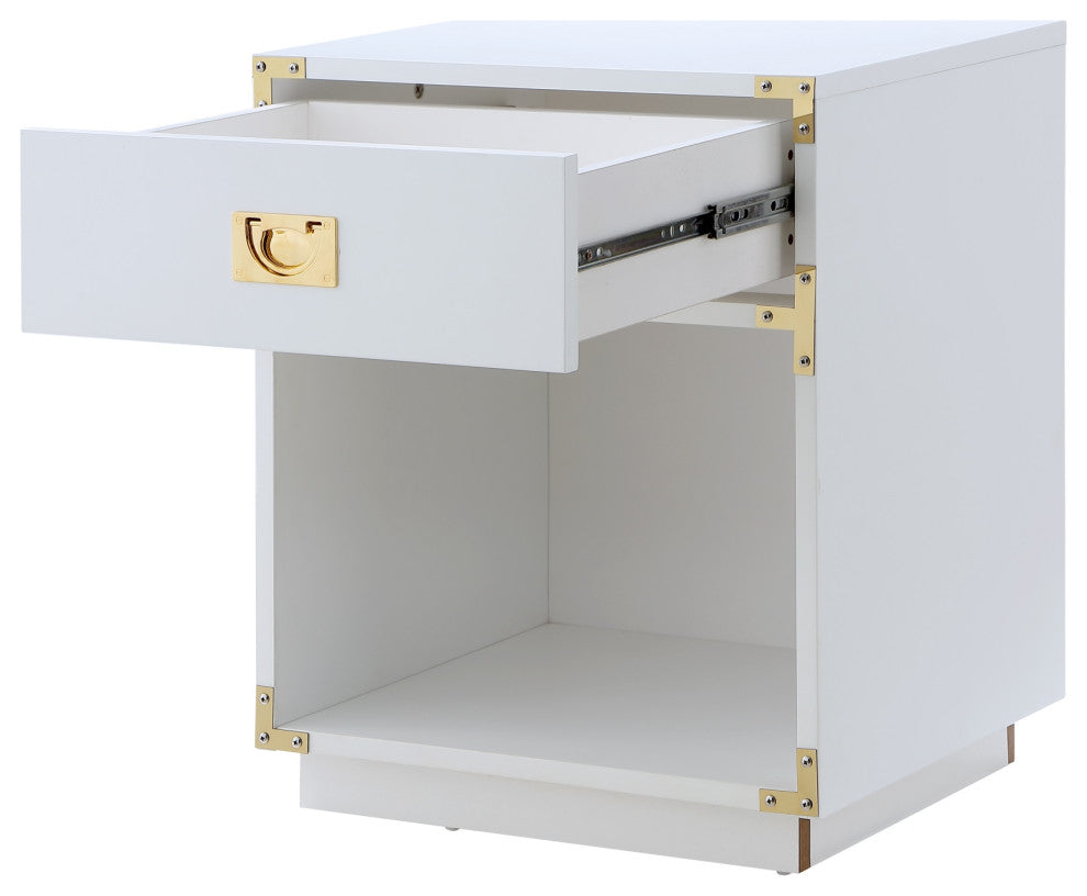 Leandro High Gloss Nightstand With Metal Corner Brackets, White