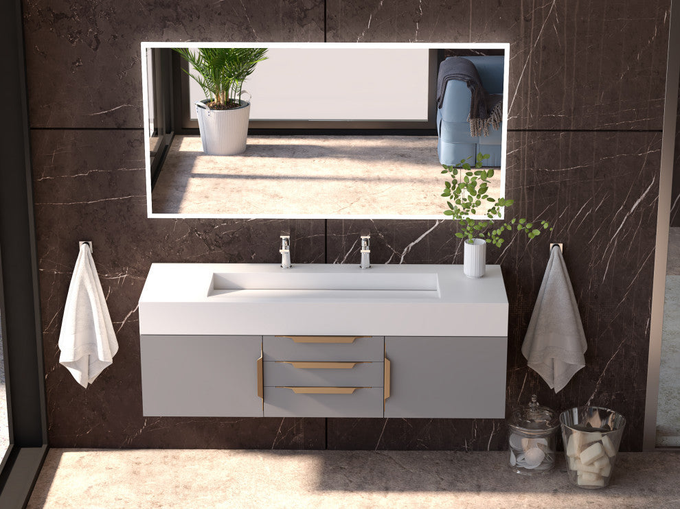 CastelloUSA Alpine 60" Wall Mounted Vanity, Base Only, Gray, Gold Handles