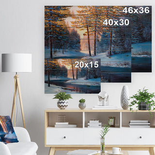 Designart River Sunset Winter Forest Landscapes Wood Wall Art 46x36