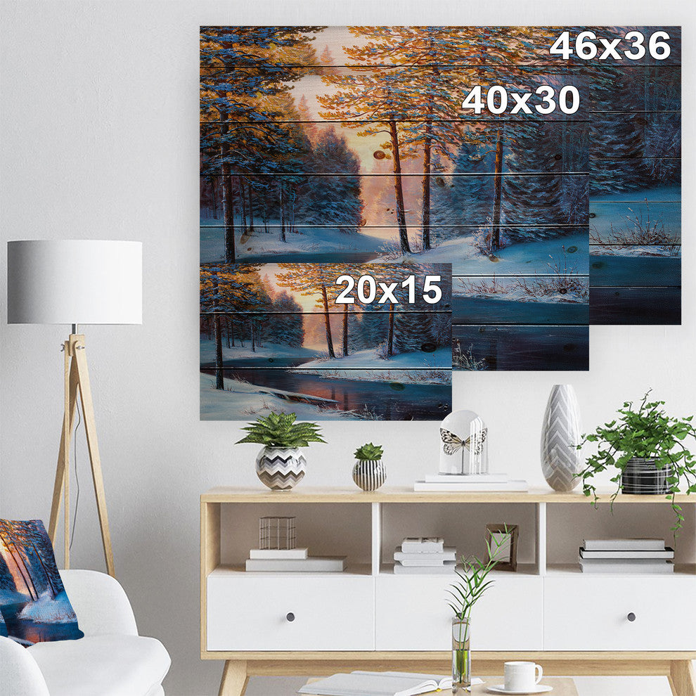 Designart River Sunset Winter Forest Landscapes Wood Wall Art 46x36