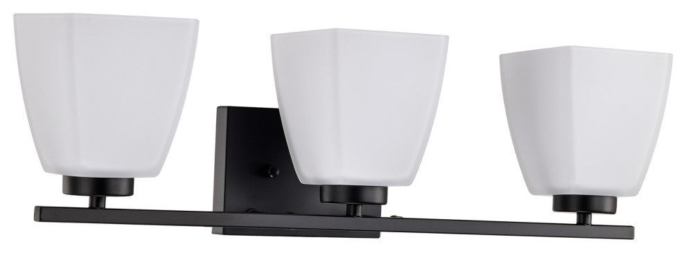 22 in. 3-Light Matte Black Vanity Light With Square Etched White Glass Shades