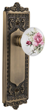 Egg & Dart Plate Passage White Rose Porcelain Knob, Antique Brass