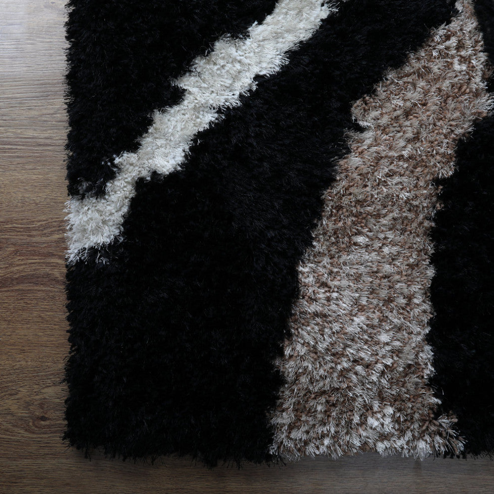 Hand Tufted Shag Polyester Area Rug Geometric Black, [Rectangle] 10'x13'
