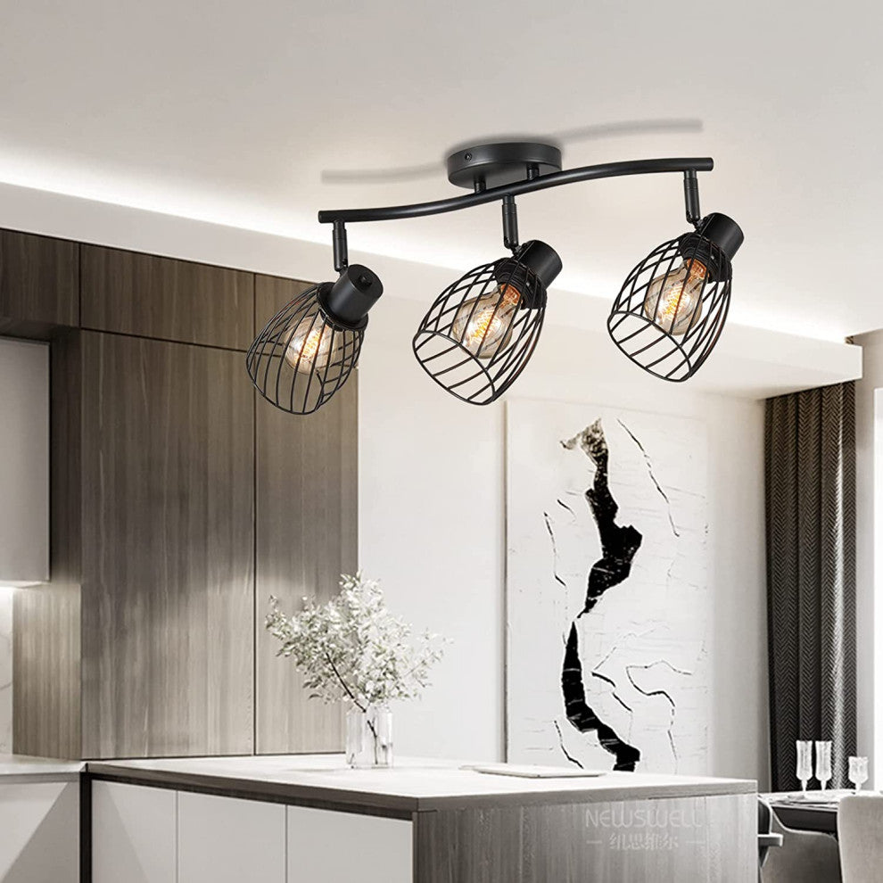 3 Light Semi Flush Mount, Farmhouse, Vintage, Cage, Black