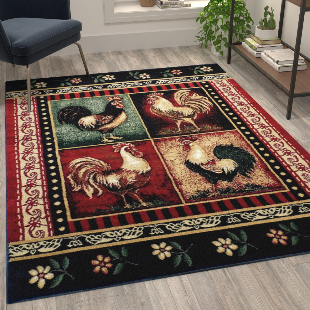 Angie Collection Rectangle 5' x 7' Red Rooster Themed Area Rug