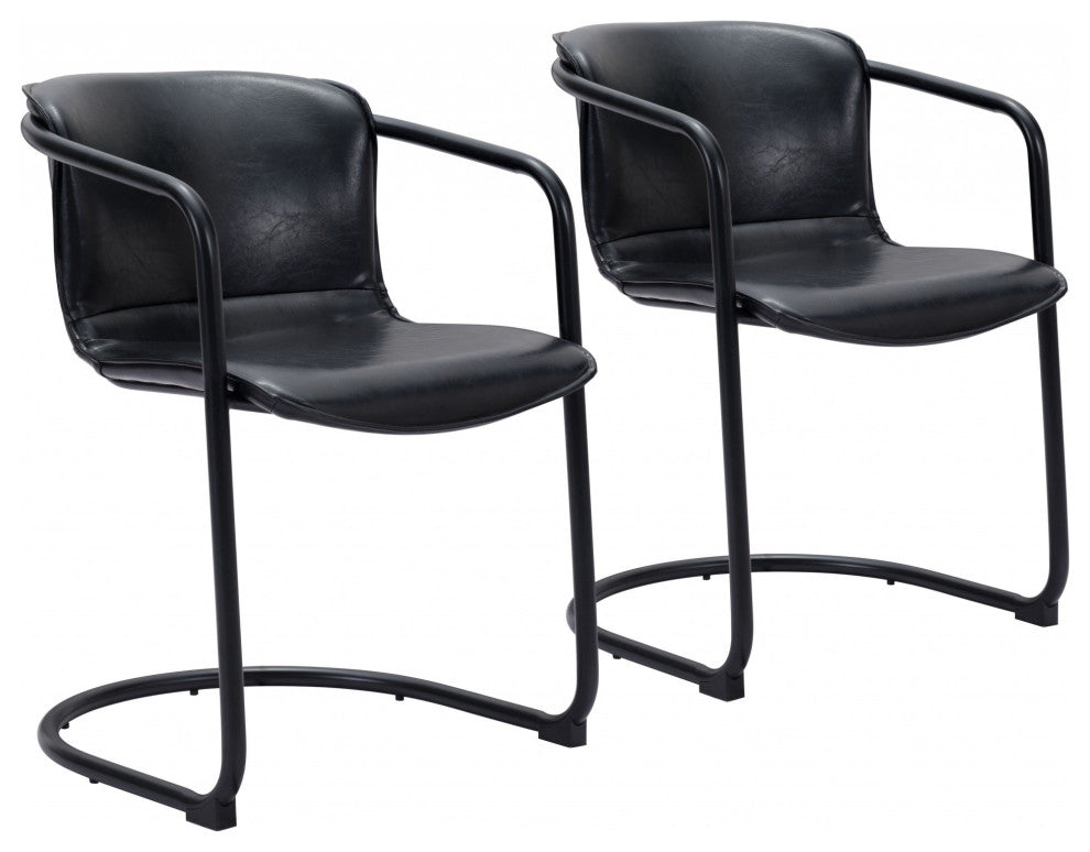Set of Two Black Leather Dining Chairs