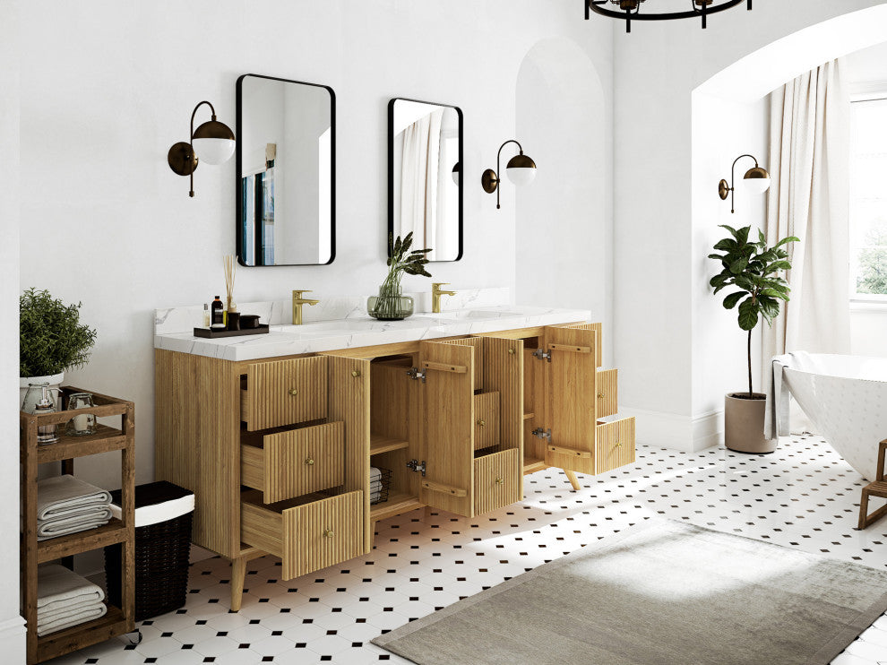 Pasadena 84 Double Sink Bath Vanity in Light Natural Teak 2" White Quartz