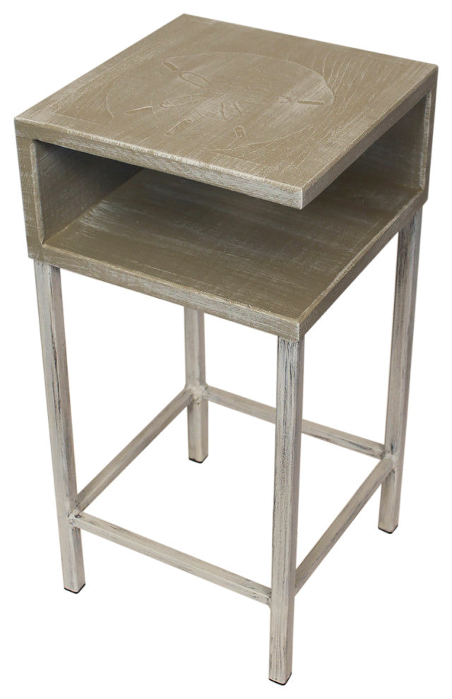 Cottage and Weathered Sisal Drink Table With Sand Dollar and Shelf