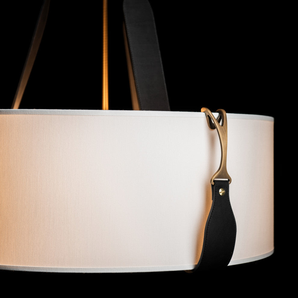 Saratoga Small Pendant, Antique Brass, Black Leather, Natural Anna Shade