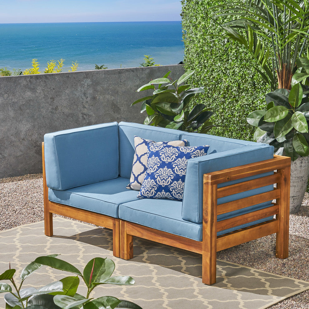 GDF Studio Dawson Outdoor 2-Seater Acacia Wood Sectional Loveseat Set, Blue