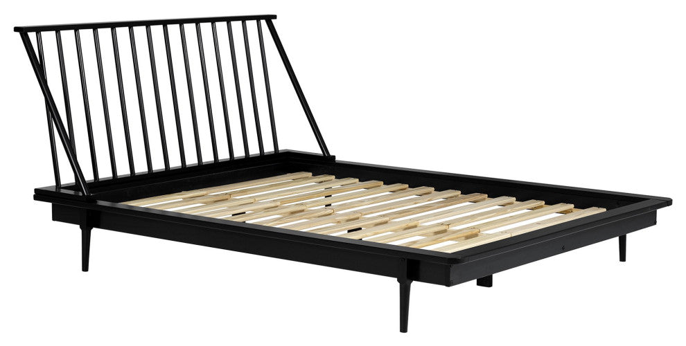 Queen Size Platform Bed, Pine Wood Construction With Spindle Headboard, Black