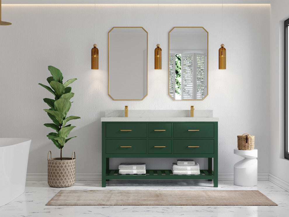 Parker 60 Double Sink Bathroom Vanity in Lafayette Green  2" Carrara Quartz