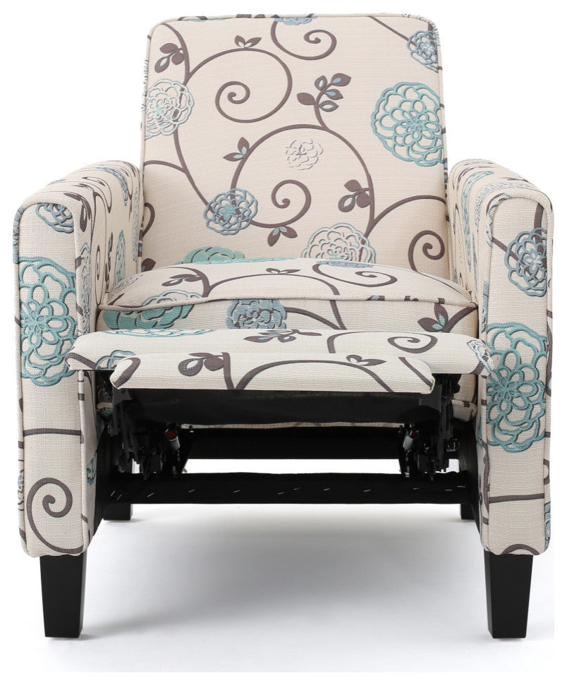 Susan Fabric Recliner, Set of 2, Light Beige With Blue Floral and Dark Brown