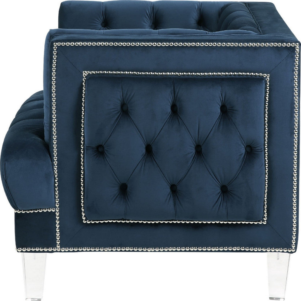 Benzara BM250213 Velvet Upholstered Chair, Tufted Details and Acrylic Legs, Blue