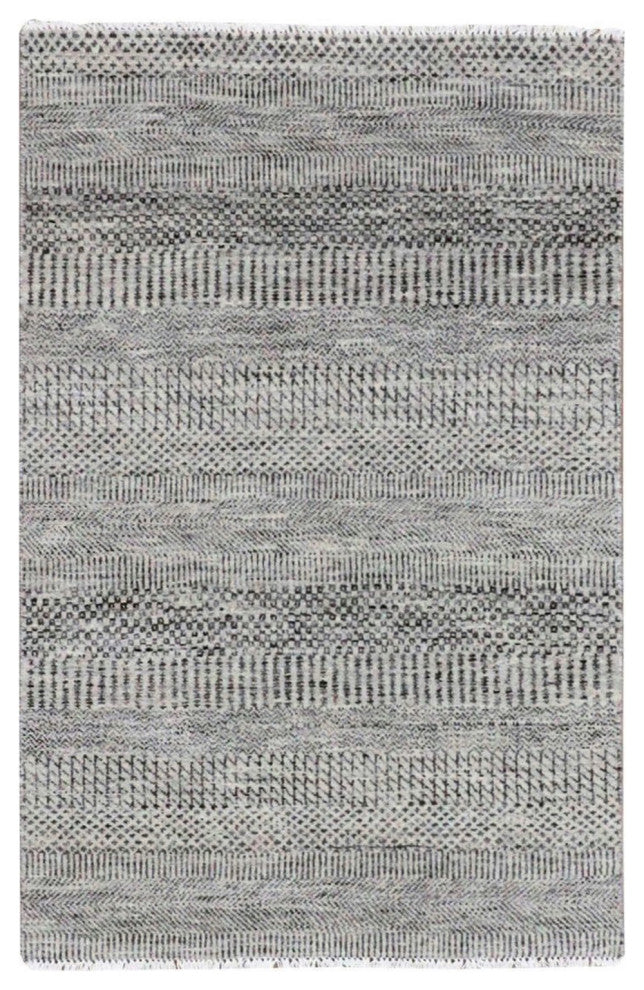 Storm Gray Undyed Natural Wool Grass Design Hand Knotted Oriental Rug 3'x4'9"