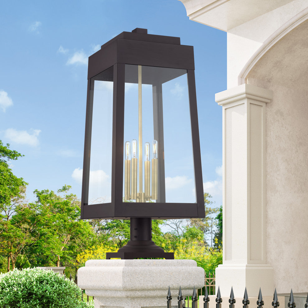 Oslo 4-Light Bronze Outdoor Extra Large Post Top Lantern with Antique Brass