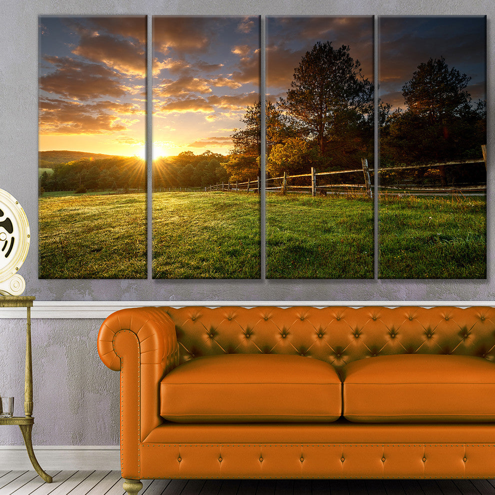 Fenced Ranch at Sunrise, Landscape Canvas Art Print, 48"x28", 4 Panels