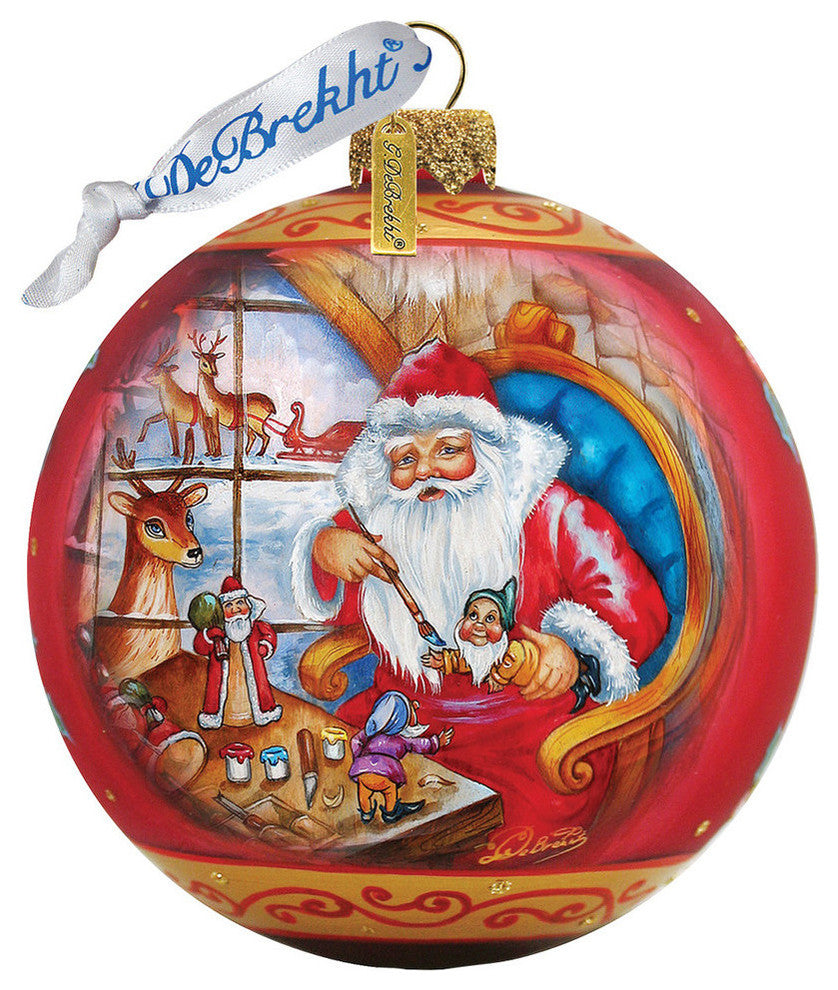 Hand Painted Scenic Glass Ornament Santa Workshop Ball