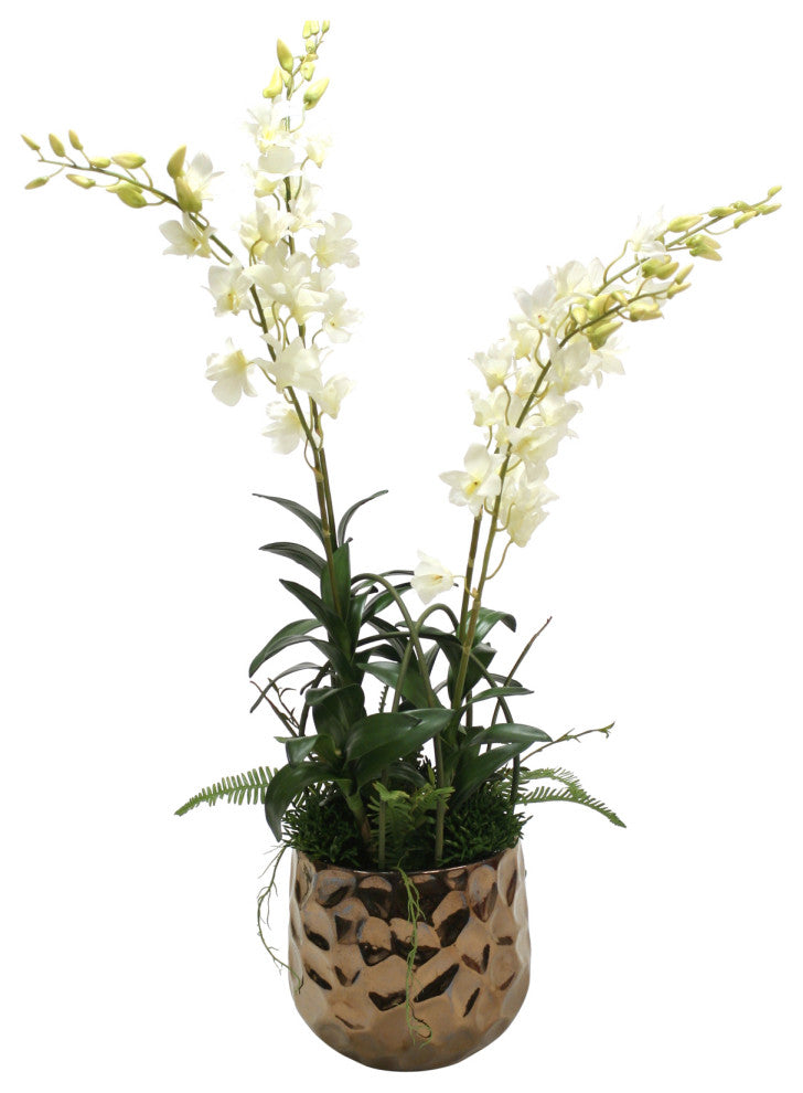 White Orchids and Greenery Mix in Burnt Gold Gabi Planter