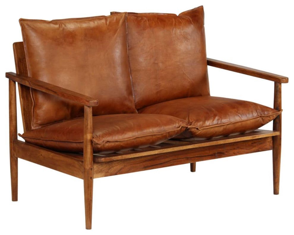 vidaXL 2-Seater Sofa Real Leather With Acacia Wood Brown