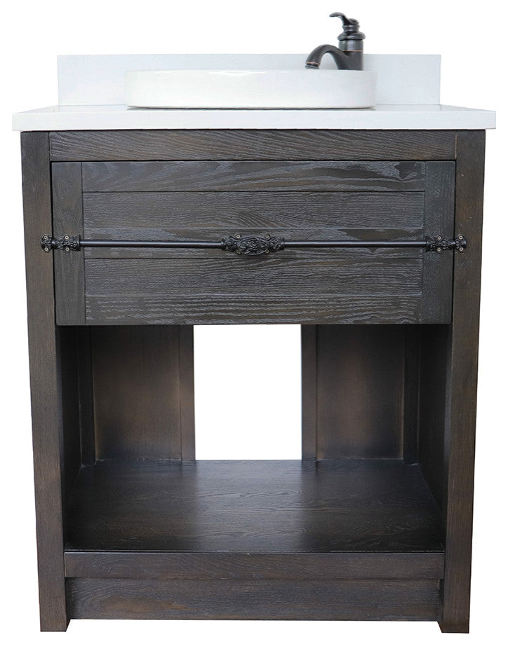 30" Single Vanity, Brown Ash, White Engineered Stone Top, Round Sink